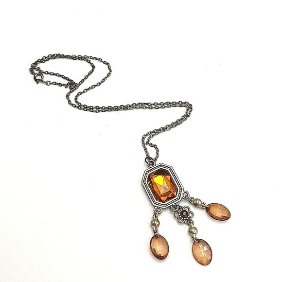 Amber Square Drop Pendant with Dangling Beads Necklace - Picture 1 of 8